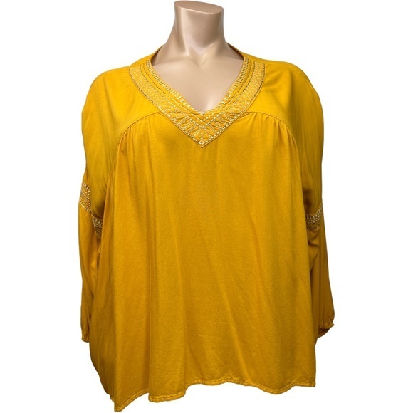 LANE BRYANT WOMEN’S GOLD EMBROIDERED V NECK LONG SLEEVE BLOUSE SZ 18/20 - Picture 1 of 7